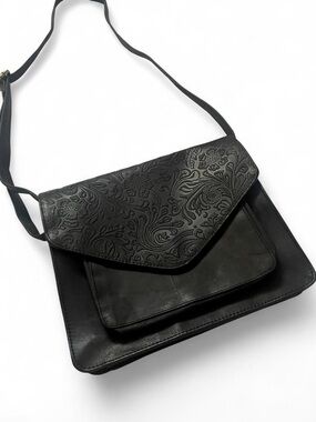 Vintage Boho Black Leather Crossbody Bag with Floral Paisley Design